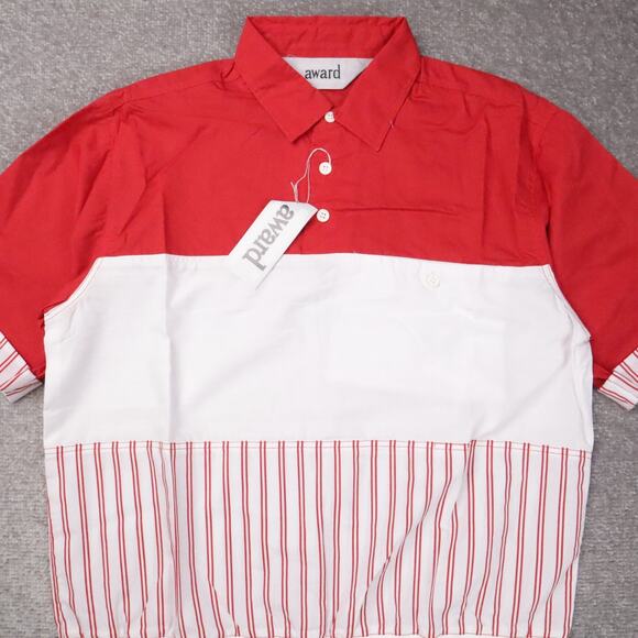 VTG 80s 90s Award Deadstock Medium Red White Striped Short Sleeve Collared Shirt - Picture 6 of 9